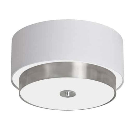 Dainolite Larkin 3 Light Flush Mount Satin Chrome Finish White Fabric Shade Frosted Glass Diffuser Lamp|Plafonnier affleuré Larkin de Dainolite en verre givré, avec abat-jour en tissu blanc qui diffuse la lumière, fini chromé satiné et 3 ampoules
