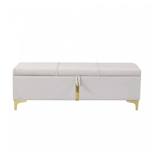 Banc ottoman de rangement rembourré en velours doux Tony avec pieds en métal, beige | Banc Coffre De Rangement Tony En Velours Doux Avec Pieds Métalliques, Beige