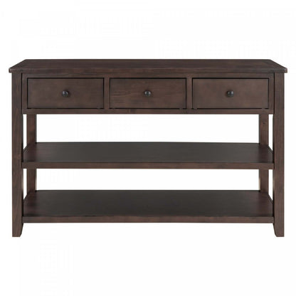 Wendy Table console en bois massif avec 3 tiroirs et 2 étagères ouvertes, armoire d'appoint expresso | Console Wendy En Bois Massif Avec 3 Tiroirs Et 2 Etageres Ouvertes, Espresso
