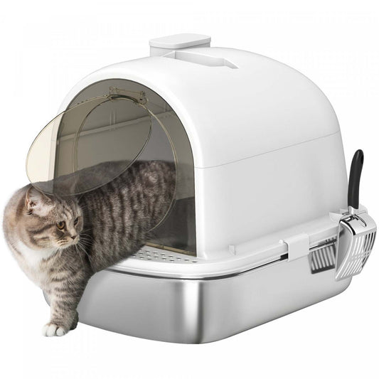 Pawhut Boîte à Litière en Acier Inoxydable avec Couvercle, Boîte à Litière Fermée pour Chat avec Pelle, Sac Désodorisant, Poignée, Contrôle des Odeurs, Non-collante et Facile à Nettoyer, Blanche