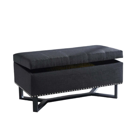 Emerson Fabric Studded Double Bench Ottoman Black Benches|Banc-pouf noir clouté Emerson en tissu à deux places