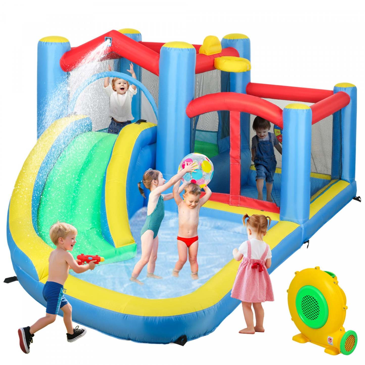 Qaba 12,6 X 9,5 pieds Château Gonflable Pour Enfants, 5 En 1 Maison Gonflable Avec Toboggan Aquatique Et 2 Bassins Splash, Parc Aquatique Extérieur Avec Souffleur, Panier De Basket, Cible De Fléchettes