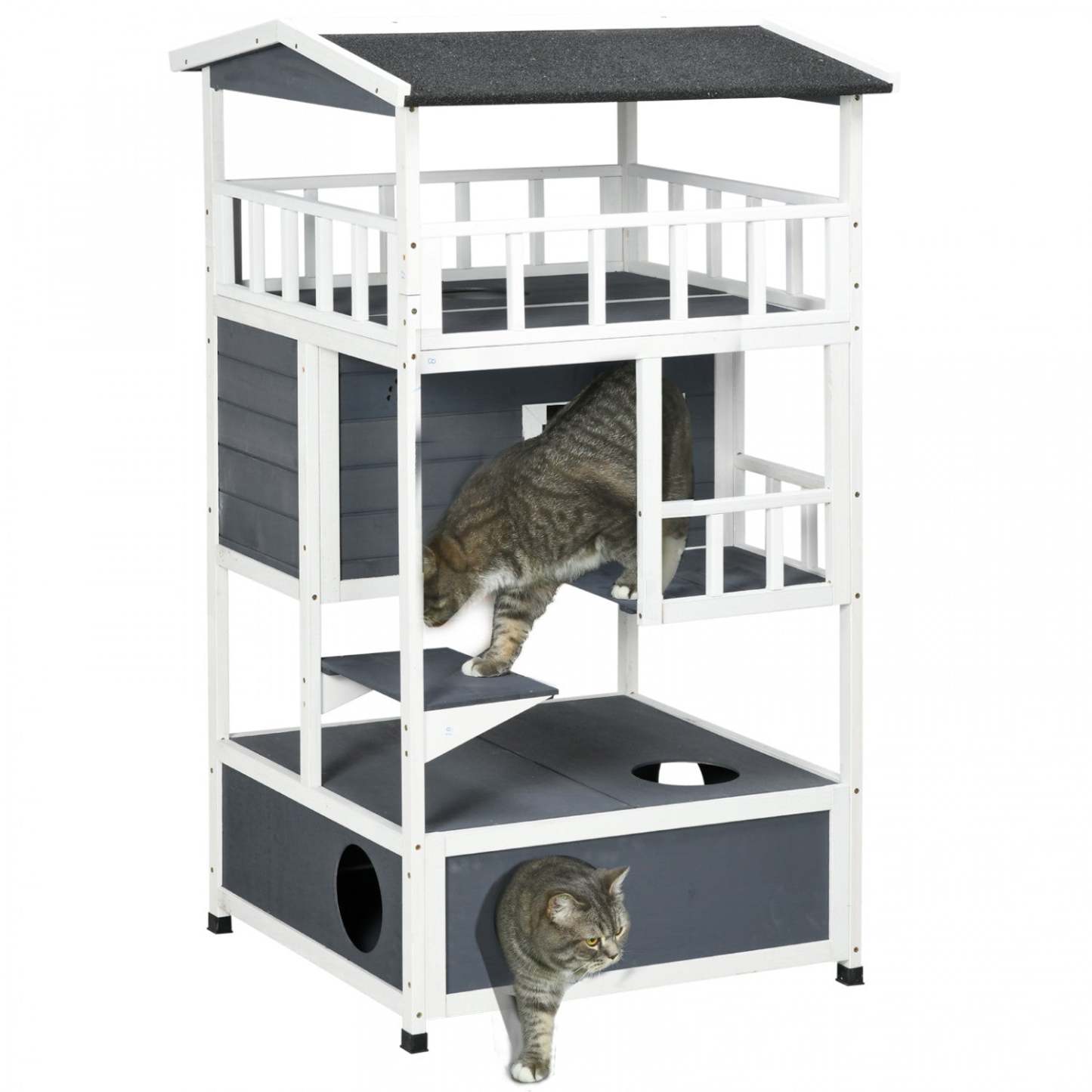 Pawhut Wooden Outdoor Cat House, Feral Cat Shelter Kitten Tree With Asphalt Roof, Escape Doors, Cond|Pawhut Condo en Bois Massif pour Chats à 4 Étages avec Espace pour Bac à Litière