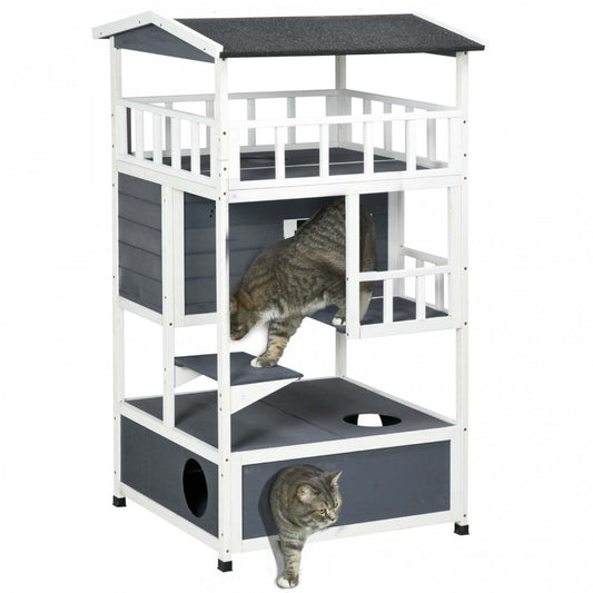 Pawhut Wooden Outdoor Cat House, Feral Cat Shelter Kitten Tree With Asphalt Roof, Escape Doors, Cond|Pawhut Condo en Bois Massif pour Chats à 4 Étages avec Espace pour Bac à Litière