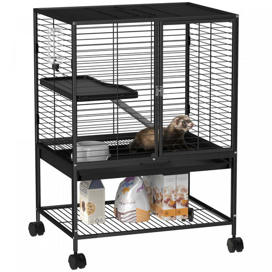 Cage pour petits animaux Pawhut avec roues, parc pour animaux de compagnie pour rats, chatons, furets, chinchillas avec étagère de rangement en bas, plateau amovible, rampe, 24,2 x 17,9 x 33,9, noir