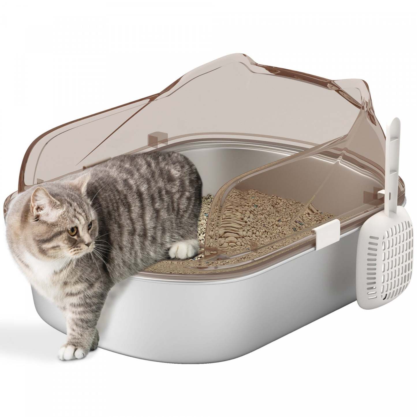 Pawhut Bac à Litière en Acier Inoxydable pour Chat avec Couvercle, Plateau en Métal pour Chat avec Enceinte à Bords Élevés, Marches et Pelle, Non-collant et Anti-fuite d'urine, Nettoyage Facile