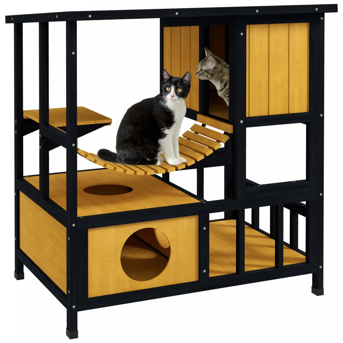 Pawhut Niche D'exterieur Pour Chat, Abri Pour Chat En Bois Avec Pont Suspendu, Condos, Portes De Sec