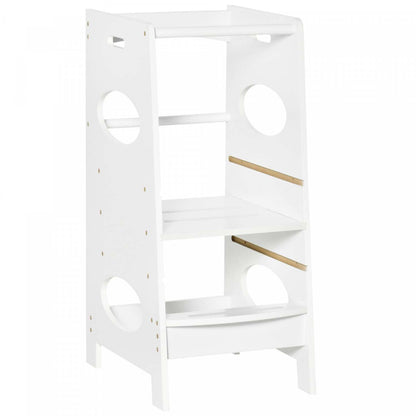Homcom Échelle de Cuisine pour Tout-Petits avec Plateforme de Standing Réglable et Rampe de Sécurité, Blanc|Homcom Tour d'Apprentissage Enfants Tour d'Aide de Cuisine Pédale Réglable 3 Niveaux MDF 15.75 X 19