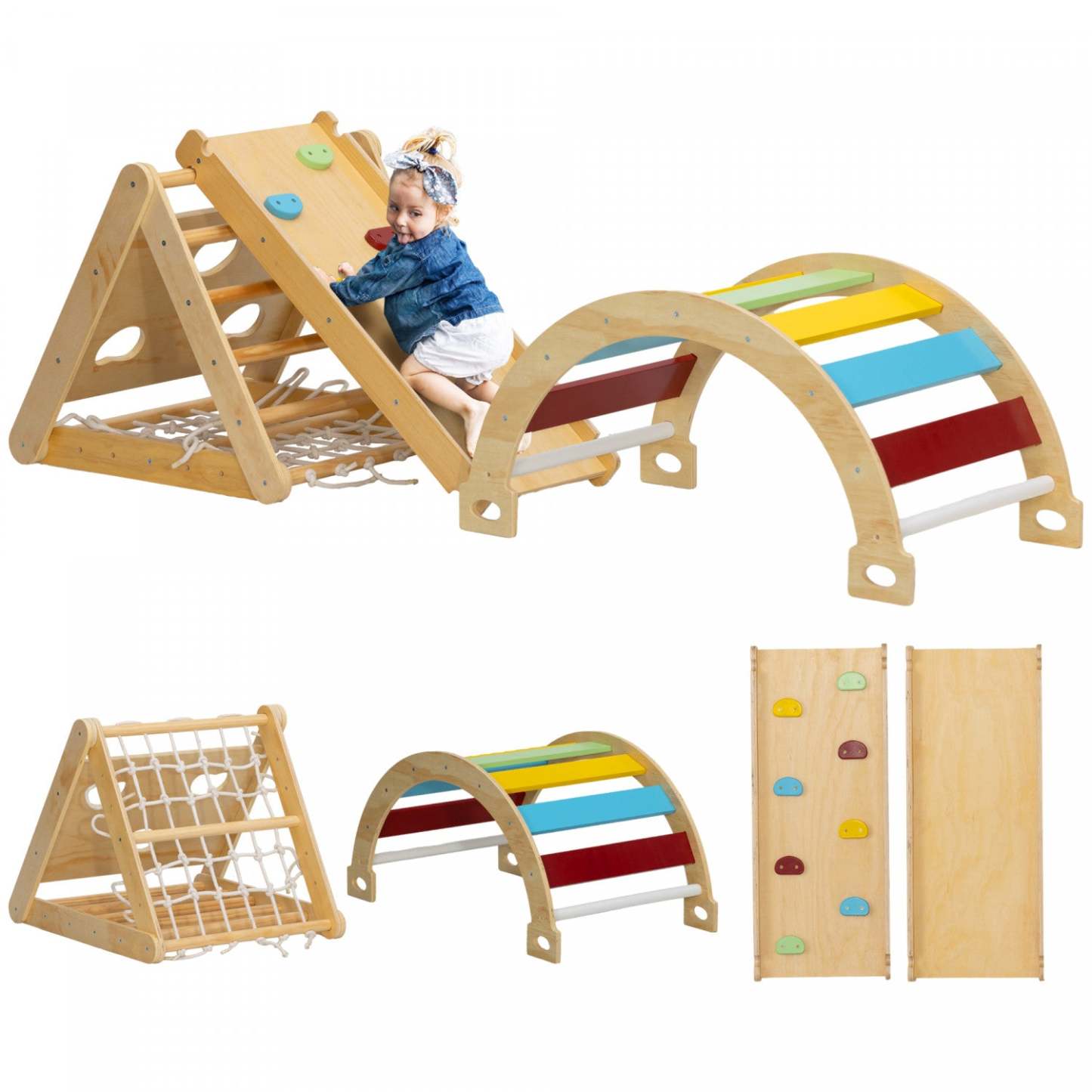 Qaba Ensemble Triangulaire 7 En 1, Jouets D'escalade Pour Tout-petits En Intérieur, Ensemble D'escalade Montessori, En Bois
