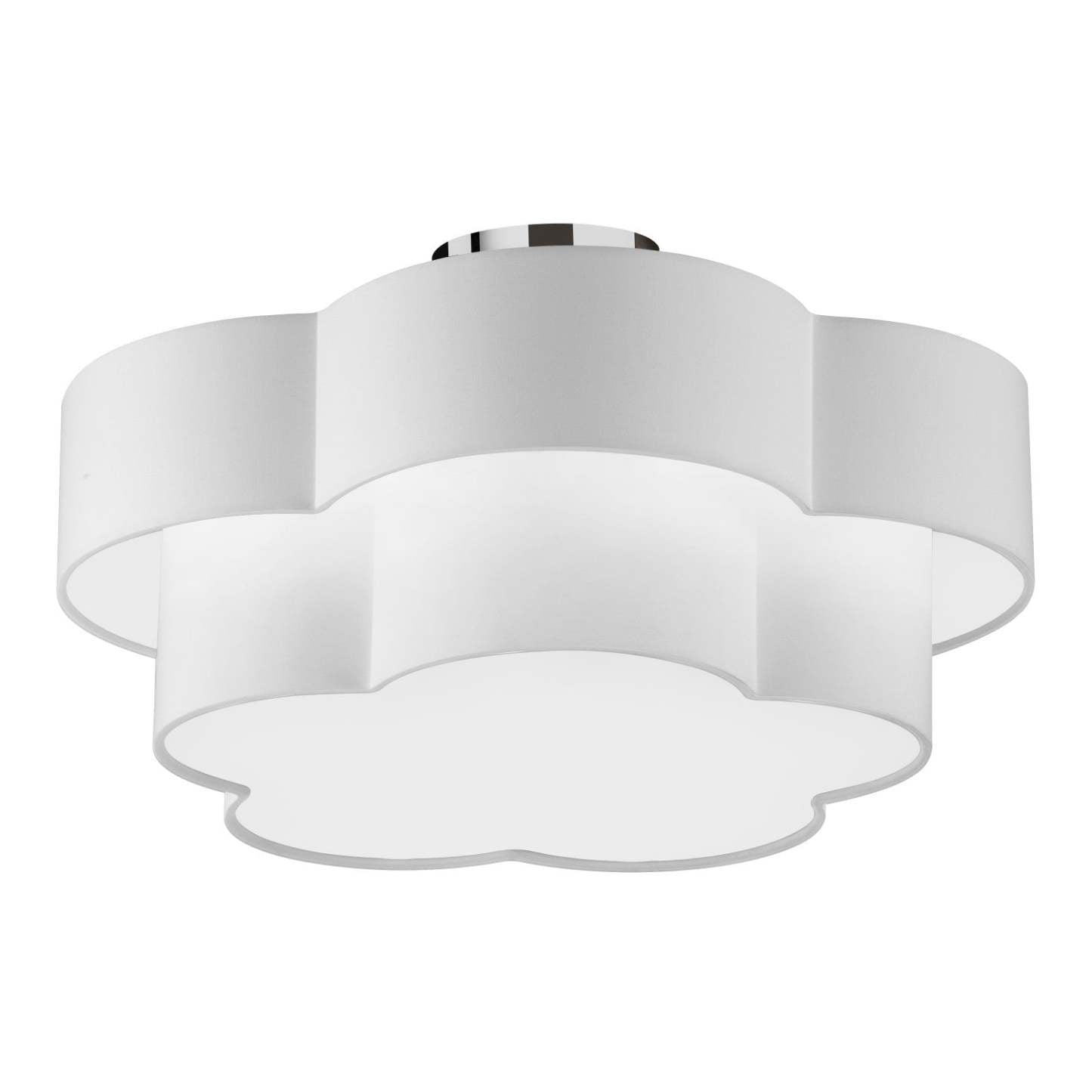 Dainolite Phlox 3 Light Flush Mount Large Polished Chrome White Shade Lamp|Grand plafonnier affleuré Phlox de Dainolite avec abat-jour blanc, fini chromé poli et 3 ampoules