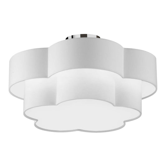 Dainolite Phlox 3 Light Flush Mount Large Polished Chrome White Shade Lamp|Grand plafonnier affleuré Phlox de Dainolite avec abat-jour blanc, fini chromé poli et 3 ampoules