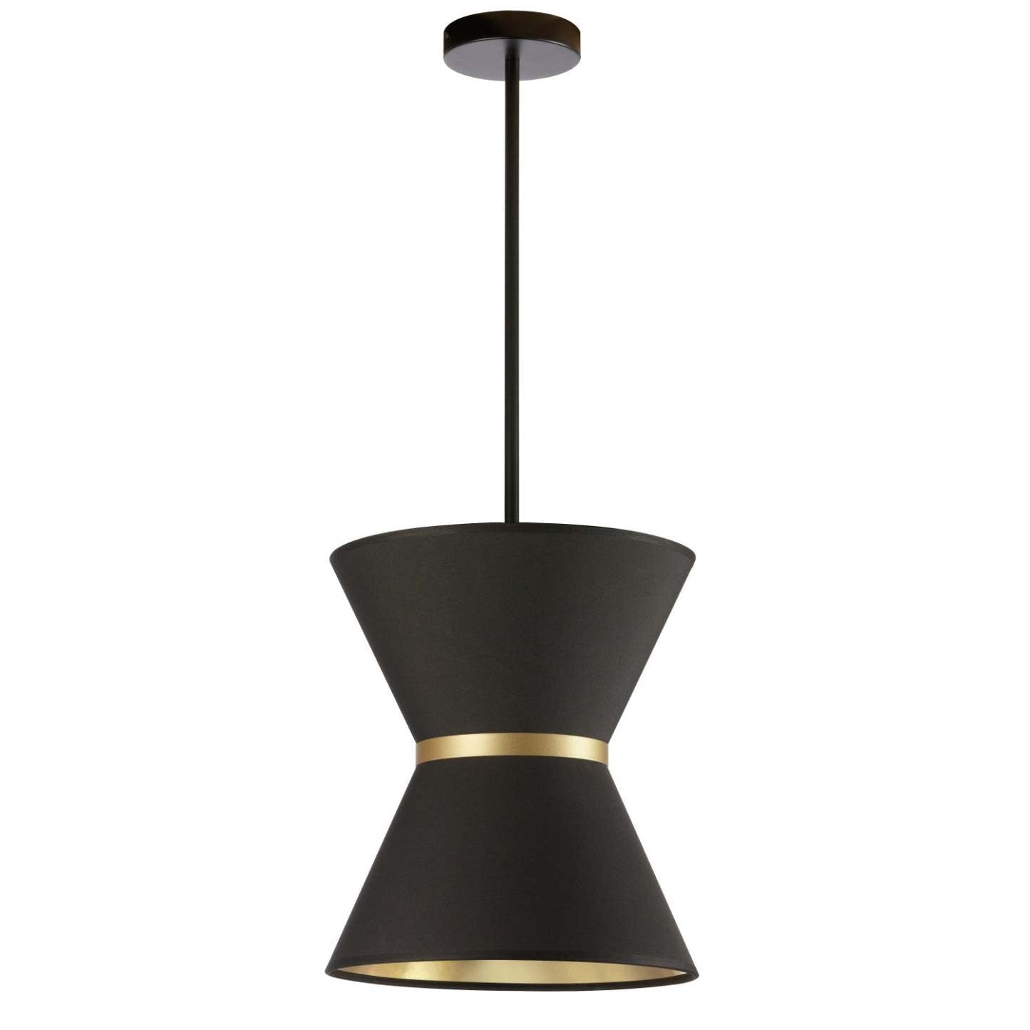 Dainolite Caterine 1 Light Pendant 12 Dia Matte Black Finish Gold Ring/Black Shade Lamp|Luminaire suspendu Caterine de Dainolite de 12 po de diamètre, avec abat-jour noir, anneau doré, fini noir mat et 1 ampoule