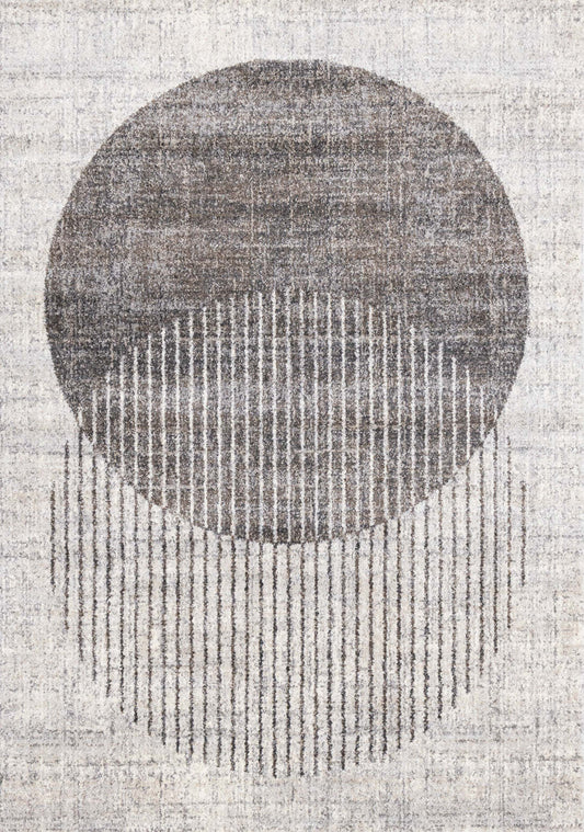 Carpette à poil court doux Solace grise et blanche à motif de cercles qui fusionnent - 5 pi 3 po x 7 pi 7 po