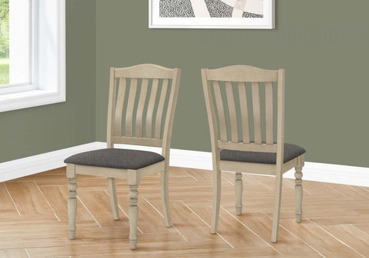 Ensemble de 2 chaises de salle à manger côté cuisine tissu gris antique pieds en bois transitionnel|Ensemble de 2 chaises de salle à manger de style transitionnel avec tissu gris antique et pattes en bois pour la cuisine et la salle à manger