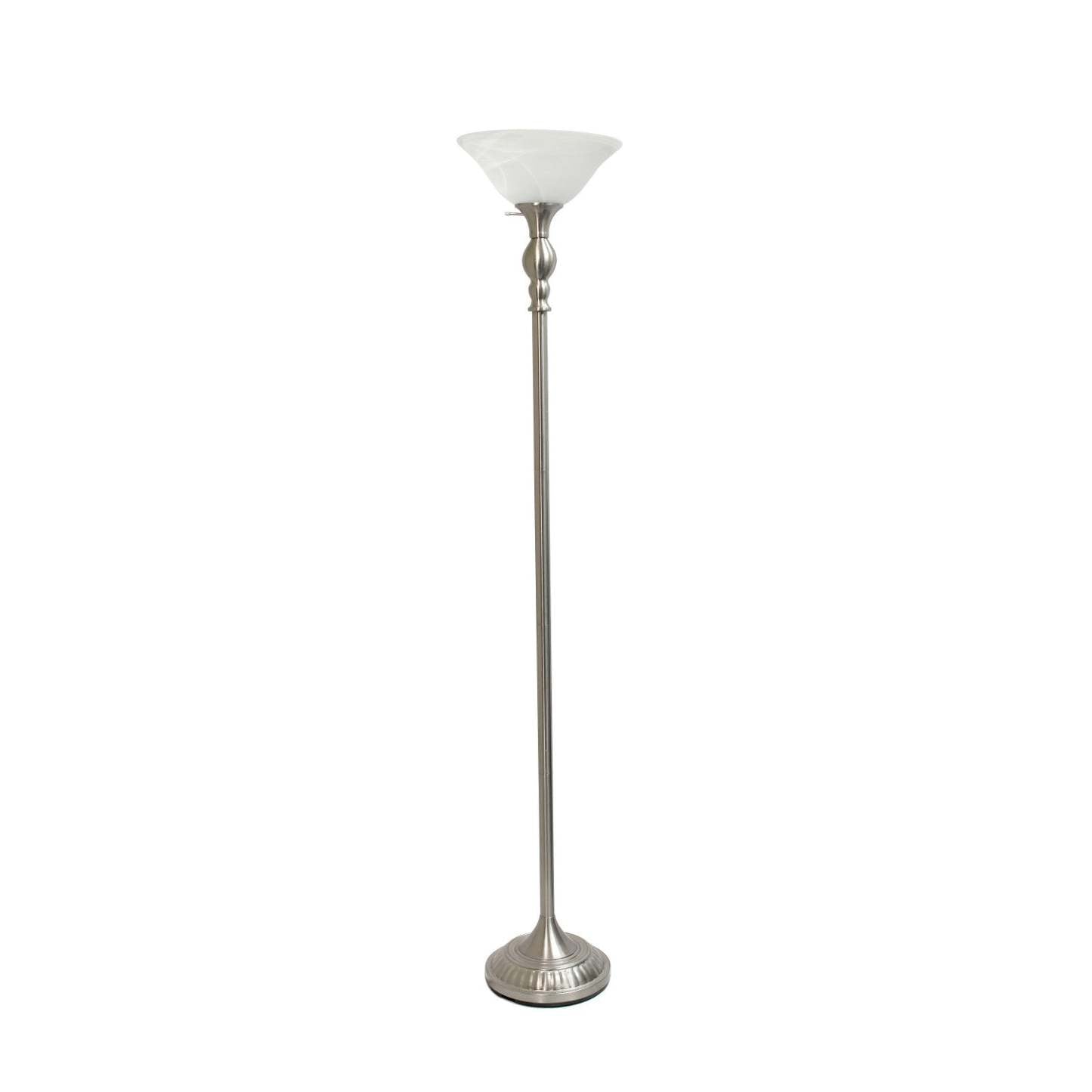 Lampe à pied torchère Elegant Designs à 1 ampoule avec abat-jour en verre marbré blanc, nickel brossé|D21PLLAB