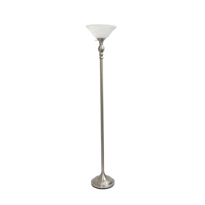 Lampe à pied torchère Elegant Designs à 1 ampoule avec abat-jour en verre marbré blanc, nickel brossé|D21PLLAB