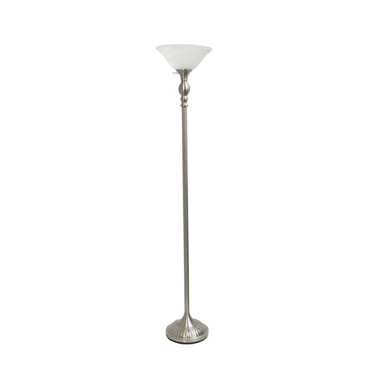 Lampe à pied torchère Elegant Designs à 1 ampoule avec abat-jour en verre marbré blanc, nickel brossé|D21PLLAB