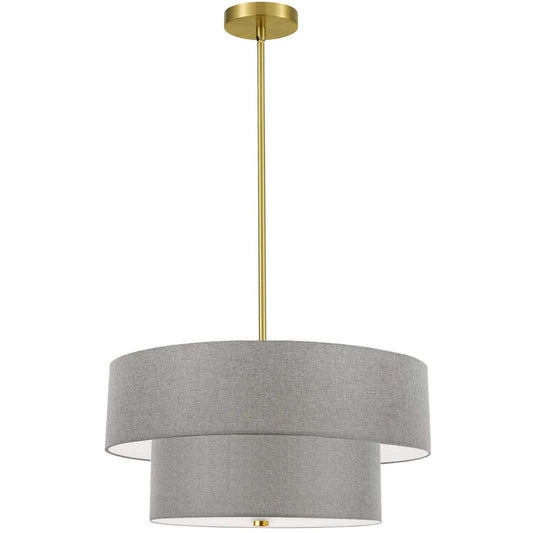Dainolite Everly 4 Light 2 Tier Pendant Aged Brass Finish Grey Shade Lamp|Luminaire suspendu Everly de Dainolite avec abat-jour gris, 2 niveaux, fini laiton vieilli et 4 ampoules