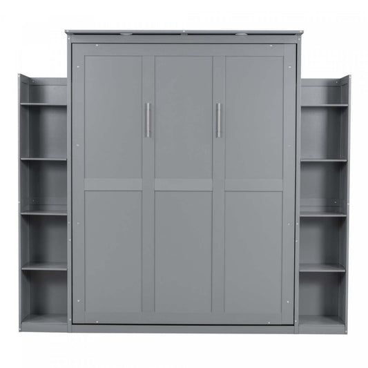 Lit Mural Escamotable Glenn En Bois Composite Avec Étagères Et Éclairage Led, Taille Queen - Gris