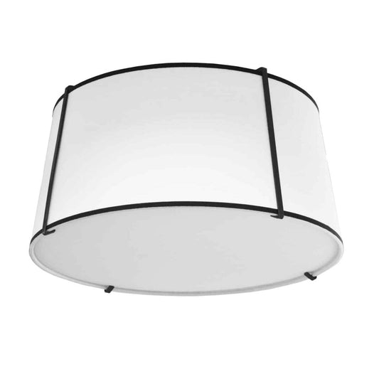 Dainolite Trapezoid 3 Light Flush Mount Tapered Drum Shaped Black/White Shade White Fabric Diffuser Lamp|Plafonnier affleuré Trapezoid de Dainolite avec abat-jour cylindrique effilé noir et blanc qui diffuse la lumière, tissu blanc et 3 ampoules
