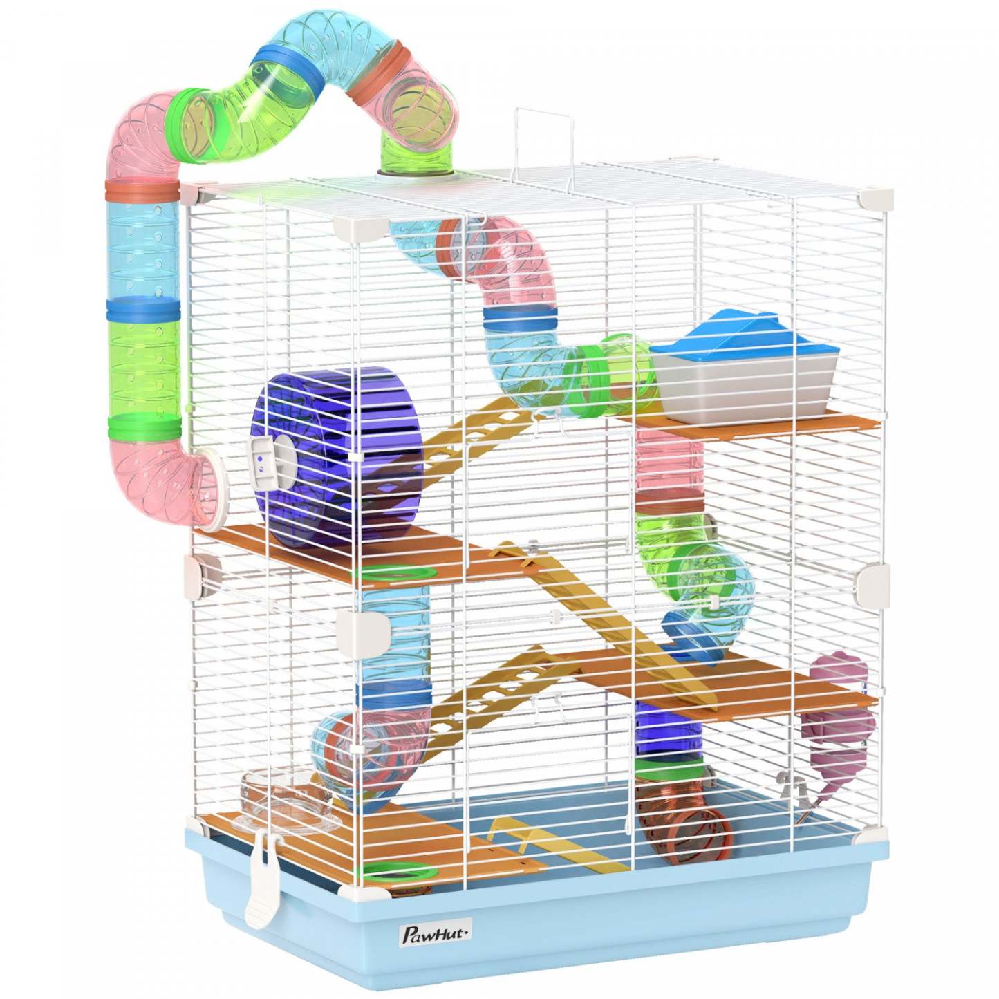 Pawhut Cage à Hamster 5 Niveaux Transportable Habitat pour Animaux avec Roues d'Exercice Tube de Jeu Bouteille d'Eau Assiettes Maison Échelle pour Gerbilles, Bleu Clair