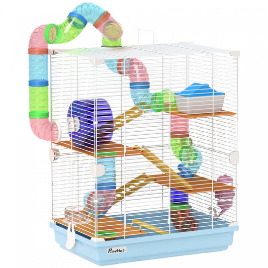 Pawhut Cage à Hamster 5 Niveaux Transportable Habitat pour Animaux avec Roues d'Exercice Tube de Jeu Bouteille d'Eau Assiettes Maison Échelle pour Gerbilles, Bleu Clair