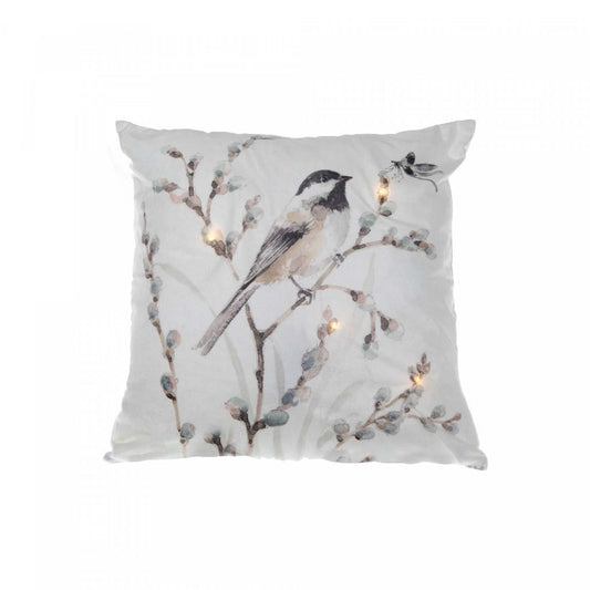 Coussin LED Velours Oiseau sur Branche 18 x 18 - Lot de 2 Coussins|Coussin à DEL 18 x 18 en velours orné d'un oiseau perché sur une branche - ensemble de 2 coussins