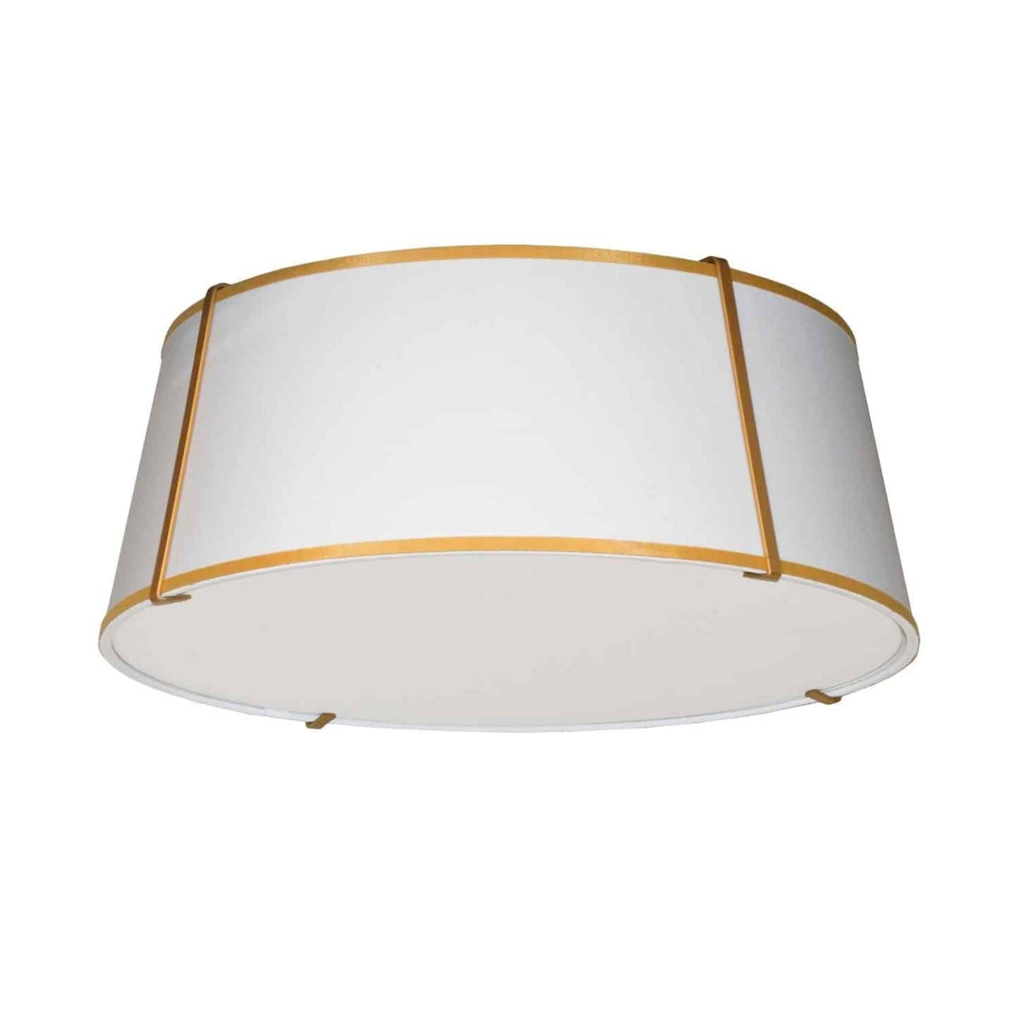 Dainolite Trapezoid 4 Light Flush Mount Tapered Drum Shaped Gold/White Shade White Fabric Diffuser Lamp|Plafonnier affleuré Trapezoid de Dainolite avec abat-jour cylindrique effilé doré et blanc qui diffuse la lumière, tissu blanc et 4 ampoules