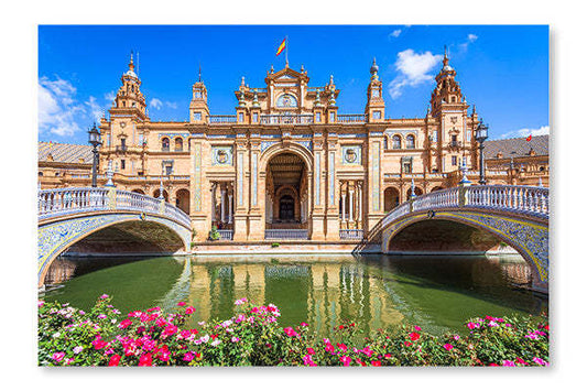 Séville, Espagne, Place d'Espagne : Cadre mural et panneau de tissu 28 x 42 po | Séville, Espagne, Place d'Espagne 28 po x 42 po : Cadre d'art mural et panneau de tissu | D44GU7S5