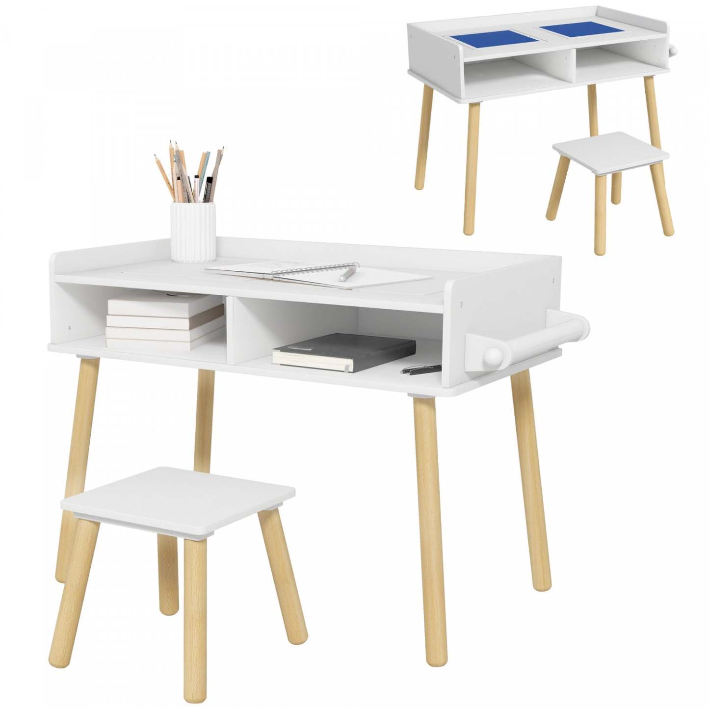 Qaba Ensemble Table Et Chaise Pour Enfants, Table D'activités 3 En 1 Pour Tout-petits, Rouleau De Pa
