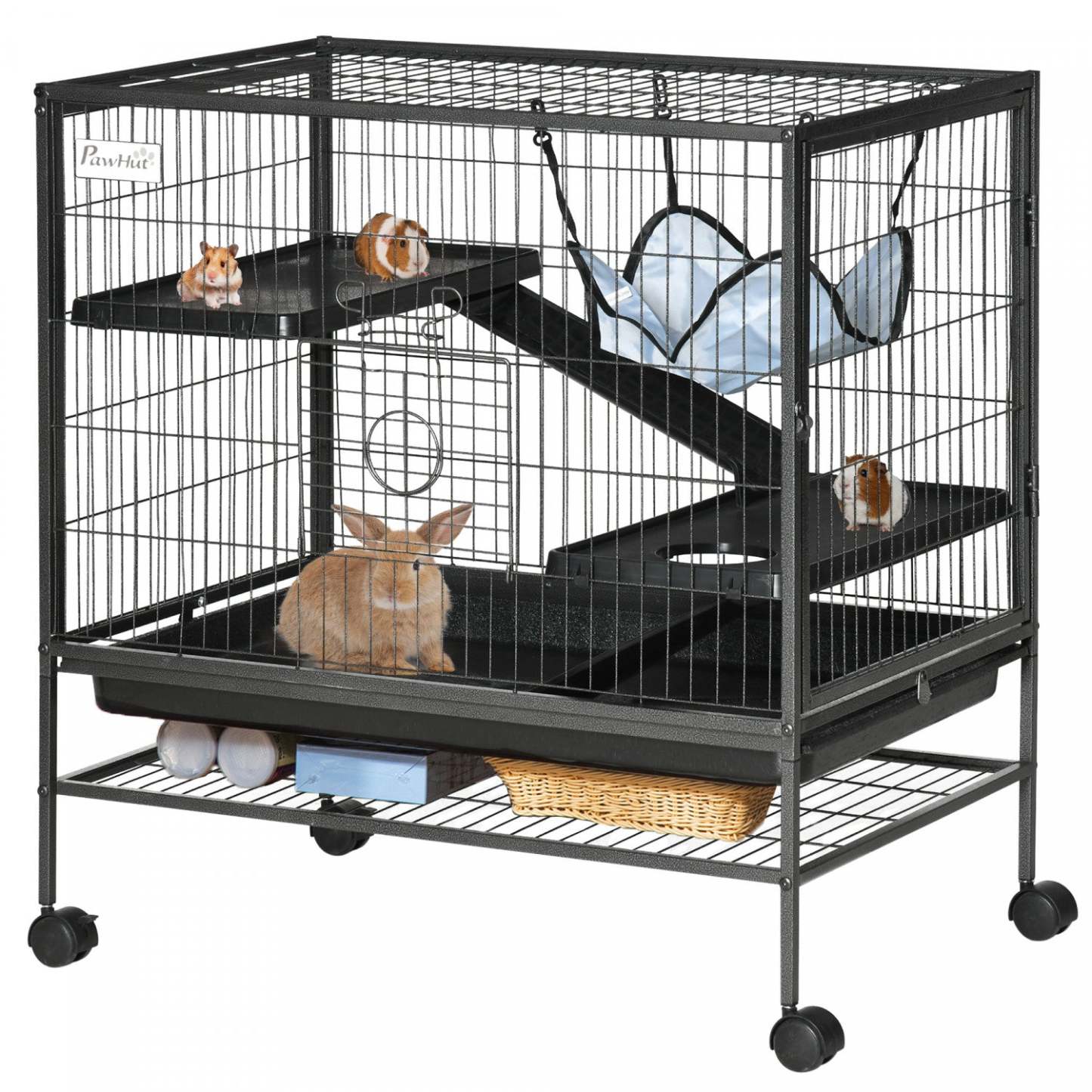 Pawhut Cage Pour Petits Animaux Avec Roues, Parc Pour Animaux De Compagnie Pour Furets, Chinchillas, Cobayes, Chatons, Wi|Pawhut Cage Pour Petits Animaux Avec Hamac, Cage Pour Furet À 3 Niveaux Avec Étagère De Rangement, C