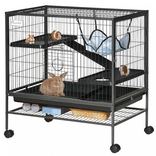 Pawhut Cage Pour Petits Animaux Avec Roues, Parc Pour Animaux De Compagnie Pour Furets, Chinchillas, Cobayes, Chatons, Wi|Pawhut Cage Pour Petits Animaux Avec Hamac, Cage Pour Furet À 3 Niveaux Avec Étagère De Rangement, C