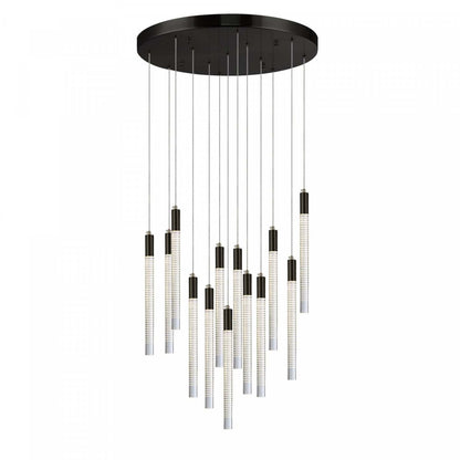 Celine 13 Lustre LED Intégré, Noir Avec Tiges En Verre Rayées Au Laser | Lustre A 13 lampes A Del Integree Celine, Noir Avec Tiges En Verre Rayées Au Laser