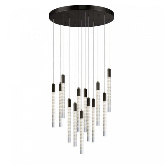 Celine 13 Lustre LED Intégré, Noir Avec Tiges En Verre Rayées Au Laser | Lustre A 13 lampes A Del Integree Celine, Noir Avec Tiges En Verre Rayées Au Laser