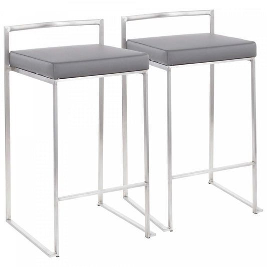 LumiSource Fuji Grey Faux Leather Contemporary Stackable Counter-Height Stool - Set of 2|Tabouret superposable contemporain Fuji de hauteur comptoir en similicuir gris - ensemble de 2