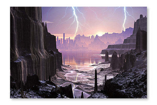Violent Storm Over Distant Alien City 28x42 po : Cadre d'art mural et panneau de tissu | D44GMQEC