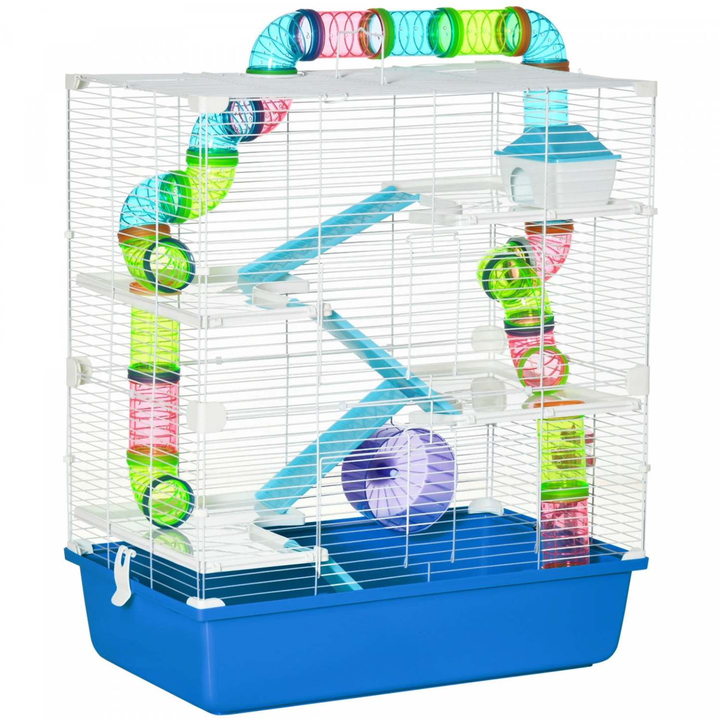 Pawhut Hamster Cage, Grande Maison pour Petit Animal, Cage à Cobaye de 5 Niveaux, Refuge pour Gerbille, Système de Tube Tunnel|Pawhut Cage Pour Hamster Extra Large 23 Avec Tubes Et Tunnels, Poignées De Transport, Maison Pour R