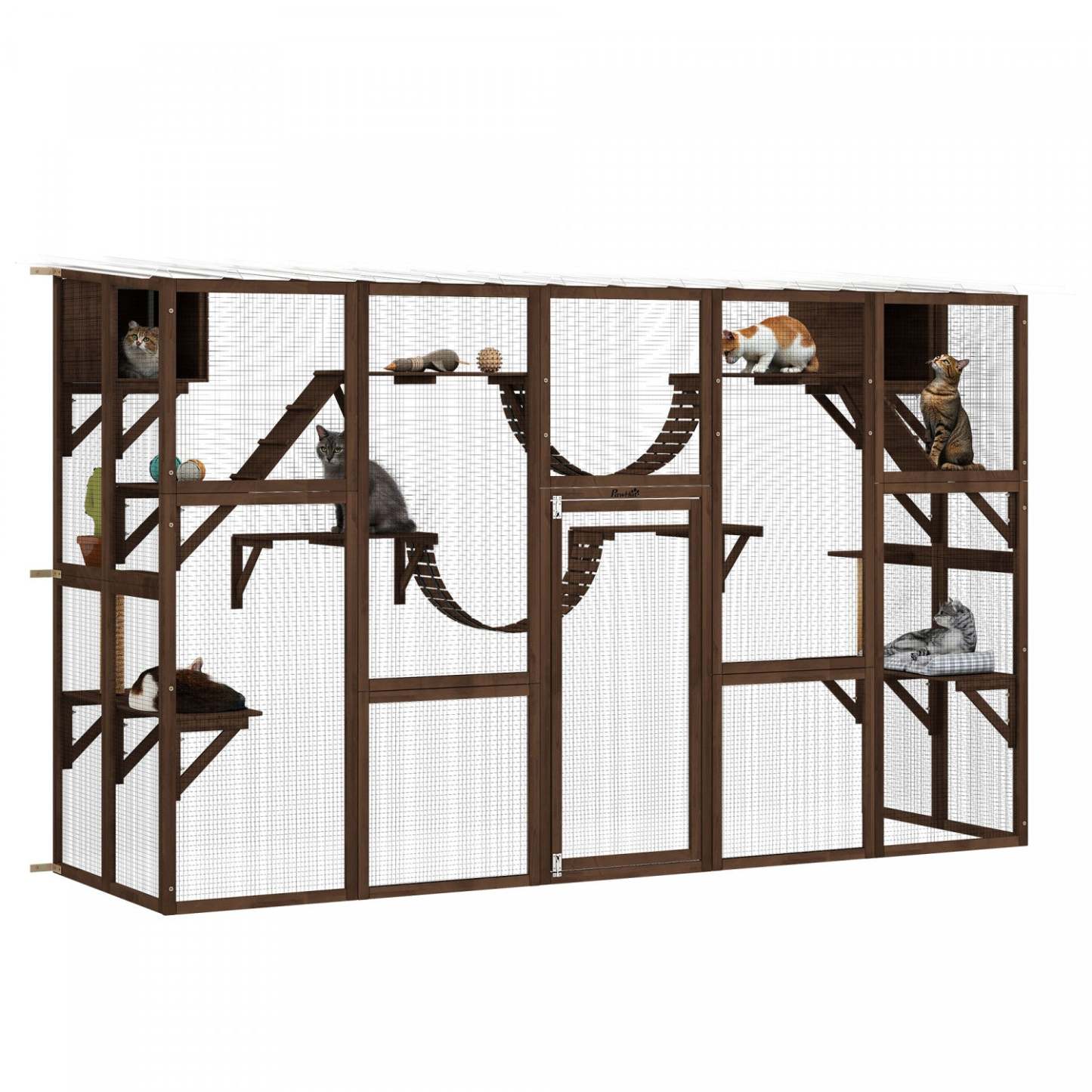 Pawhut Catio, grande enceinte extérieure pour chats avec condos pour chats, plateformes, échelles, portes, toit résistant aux intempéries, cage en bois pour 1 à 4 chats, espresso