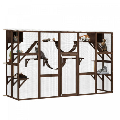 Pawhut Catio, grande enceinte extérieure pour chats avec condos pour chats, plateformes, échelles, portes, toit résistant aux intempéries, cage en bois pour 1 à 4 chats, espresso