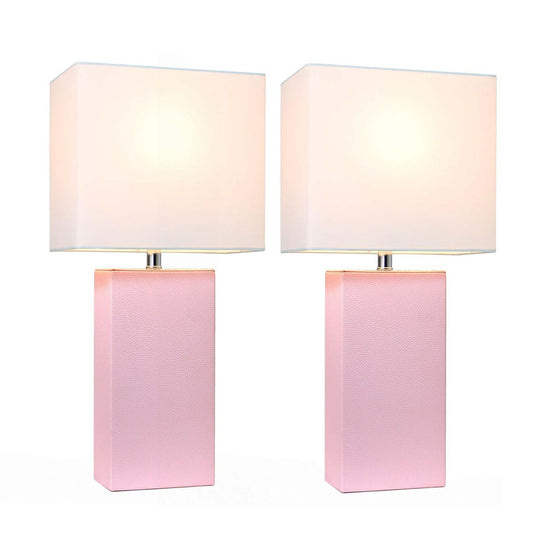 Ensemble de 2 lampes de table modernes en cuir Elegant Designs avec abat-jours en tissu blanc, ensemble de lampes rose tendre|D21JBUQJ