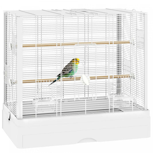 Pawhut 22 Cage à Oiseaux Pour Perruche, Pinsons, Canaris, Perroquets Amoureux, Grande Cage à Perroquet Avec Supports en Bois, Plateau Amovible, Poignée, Contenants Alimentaires, Blanc