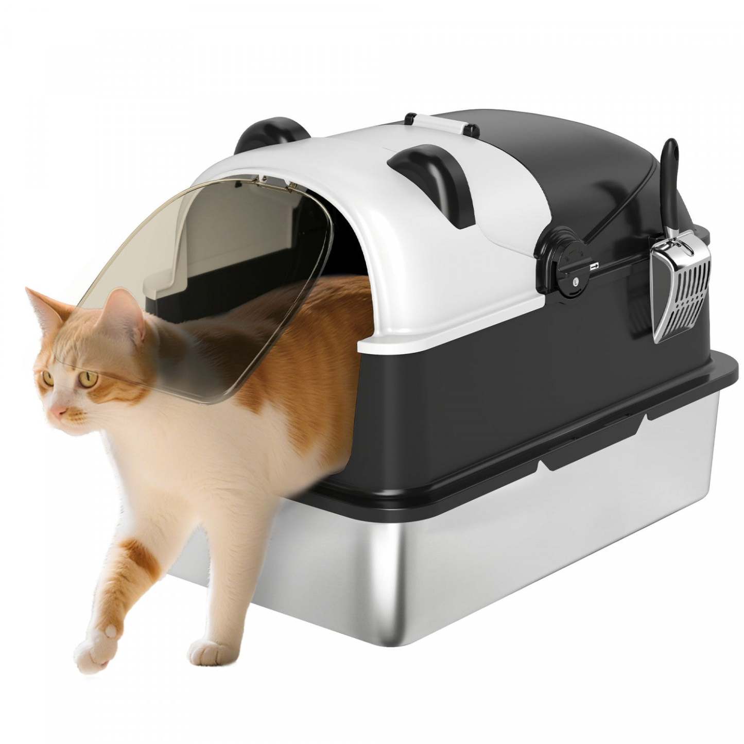 Pawhut Xl Boîte à Litière en Acier Inoxydable avec Couvercle pour Grands Chats, Boîte à Litière Fermée Style Panda Facile à Nettoyer, Anti-fuite, Non-collante &amp; Contrôle des Odeurs, Pelle Incluse