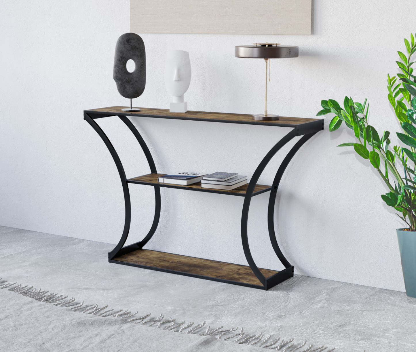 Console de qualité supérieure avec tablette de rangement - apparence de bois recyclé avec métal noir