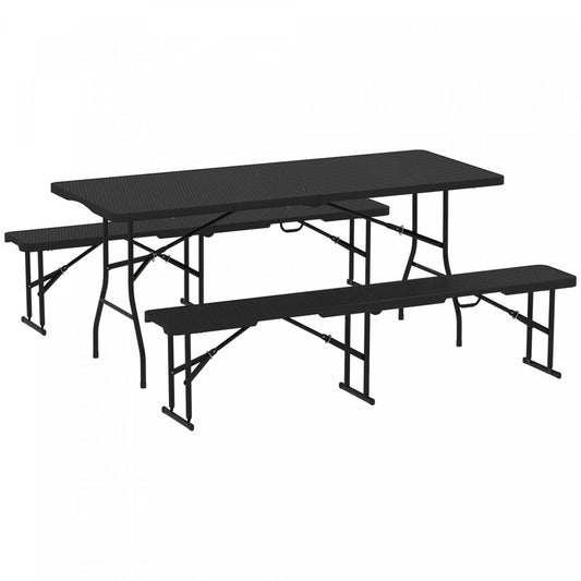Outsunny table de pique-nique pliante en faux rotin de 6 pieds en 3 pièces avec 2 bancs, noire