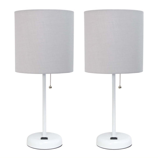 Lampe à bâton blanche Limelights avec prise de recharge et abat-jour en tissu, ensemble de 2 lampes, ensemble de lampes grises|Ensemble de 2 lampes Limelights grises avec pied mince blanc et prise de recharge|D21I93T6