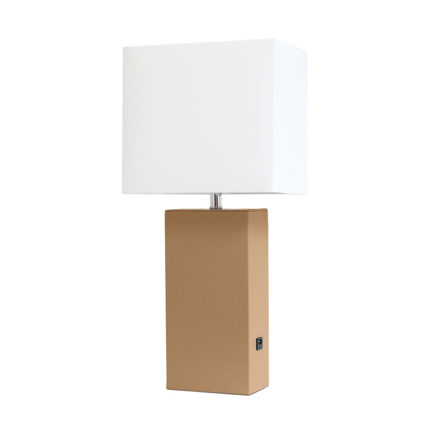 Lampe de table moderne Elegant Designs en cuir avec USB et abat-jour en tissu blanc, beige|Lampe de table moderne Elegant Designs en cuir avec USB, beige|D21R8AXR