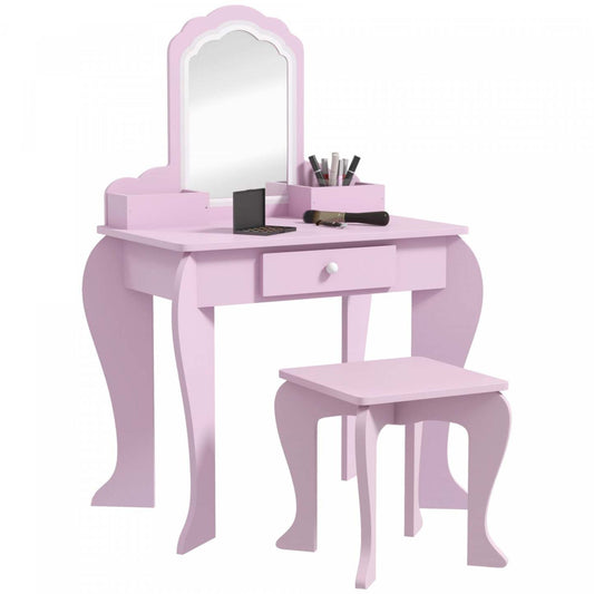Qaba Table De Vanite Pour Enfants Avec Miroir Et Tabouret, Table De Maquillage Pour Enfants De 3 À 6 Ans, Avec Tiroir|Qaba Table De Vanite Pour Enfants, Vanite De Maquillage Avec Miroir Et Tabouret, Conception De Nuage