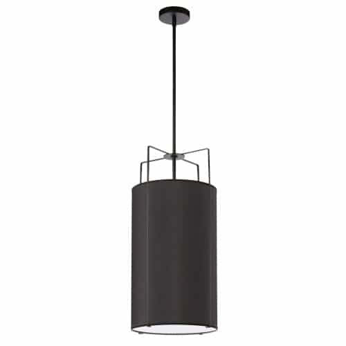 Luminaire suspendu Trapezoid de Dainolite avec abat-jour cylindrique noir qui diffuse la lumière, tissu blanc et 4 ampoules