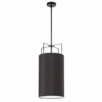 Luminaire suspendu Trapezoid de Dainolite avec abat-jour cylindrique noir qui diffuse la lumière, tissu blanc et 4 ampoules