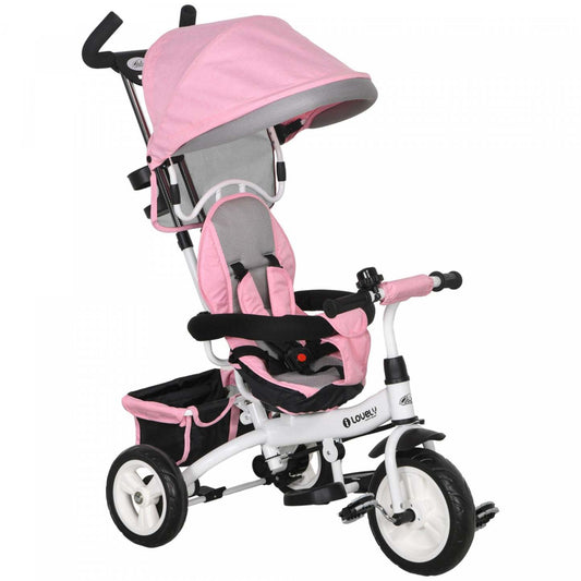 Qaba Tricycle Pour Tout-petits, Poussette De Vélo 6 En 1 Pour Bébé Avec Auvent Pliable, Panier De Rangement, Harnais De Sécurité À 5 Points